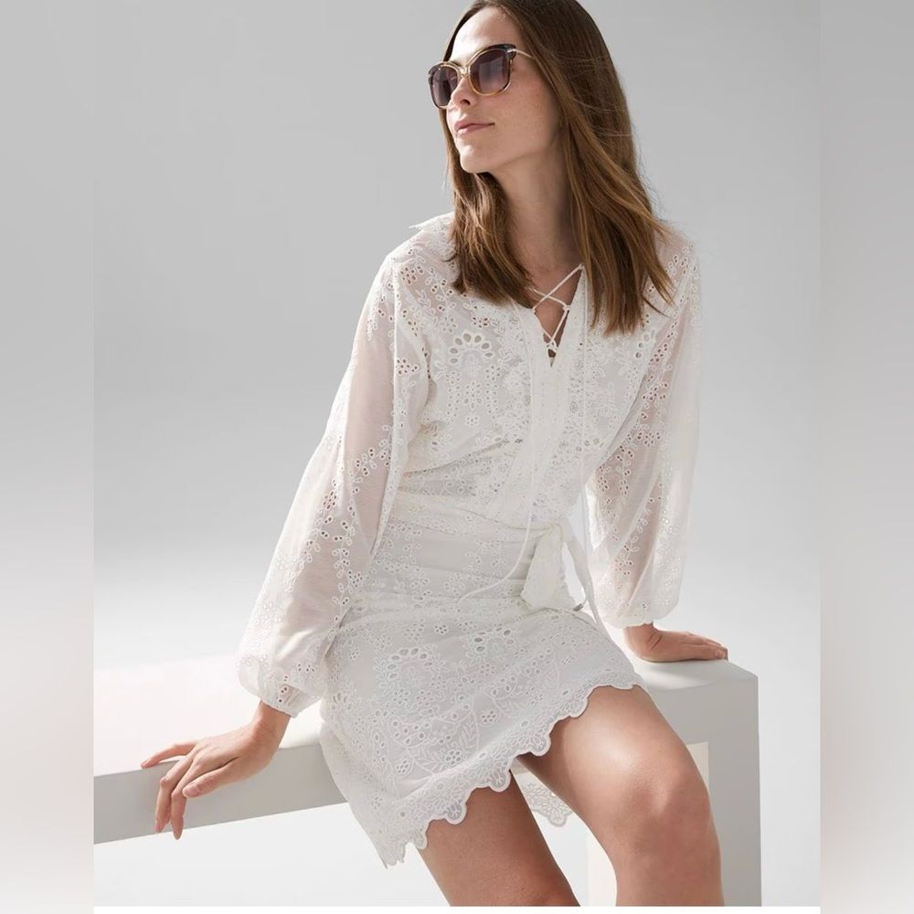 White House Black Market Long Sleeve White Eyelet Dress SZ S V Neck Color White